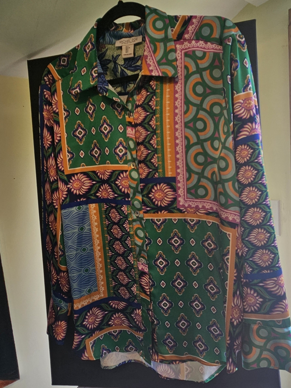 Rachel Zoe Green, Purple & Orange Patchwork Button-Down Blouse